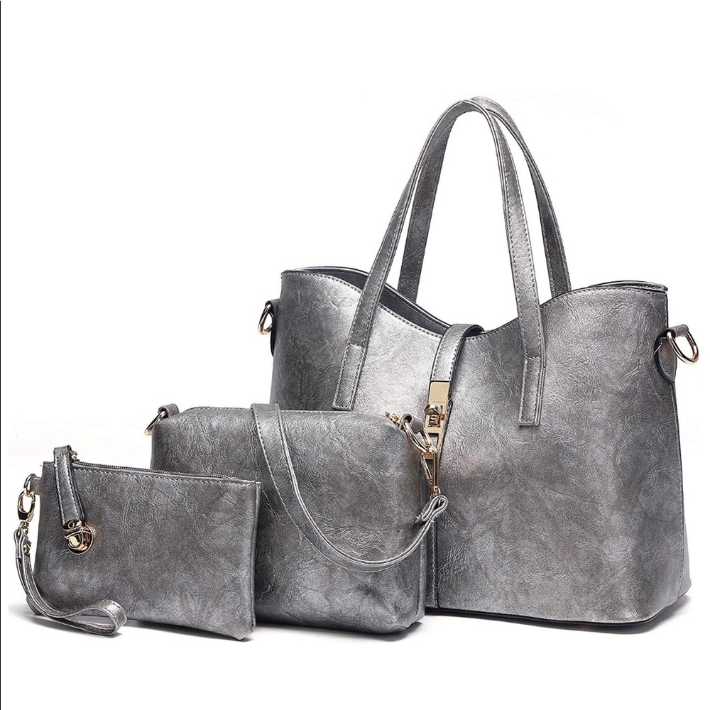 Purse Set (3 Items) - Gray Leather